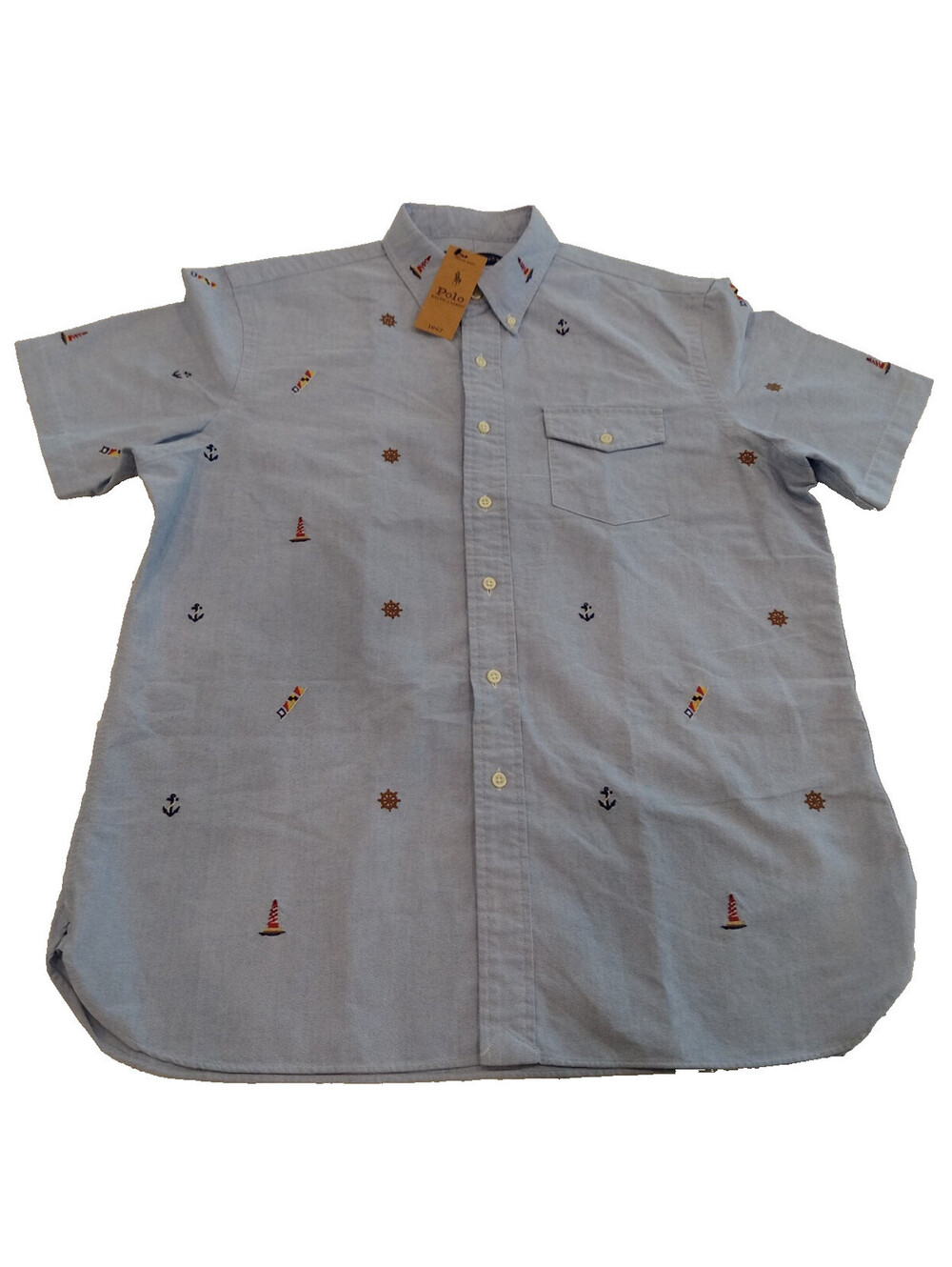 Polo Ralph Lauren Shirt Mens Large Blue Short Sleeve Nautical Embroidered Oxford